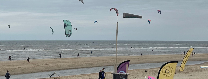 Veel kites en een meeuw in de lucht op het strand in Castricum. Welke wind heb je nodig.